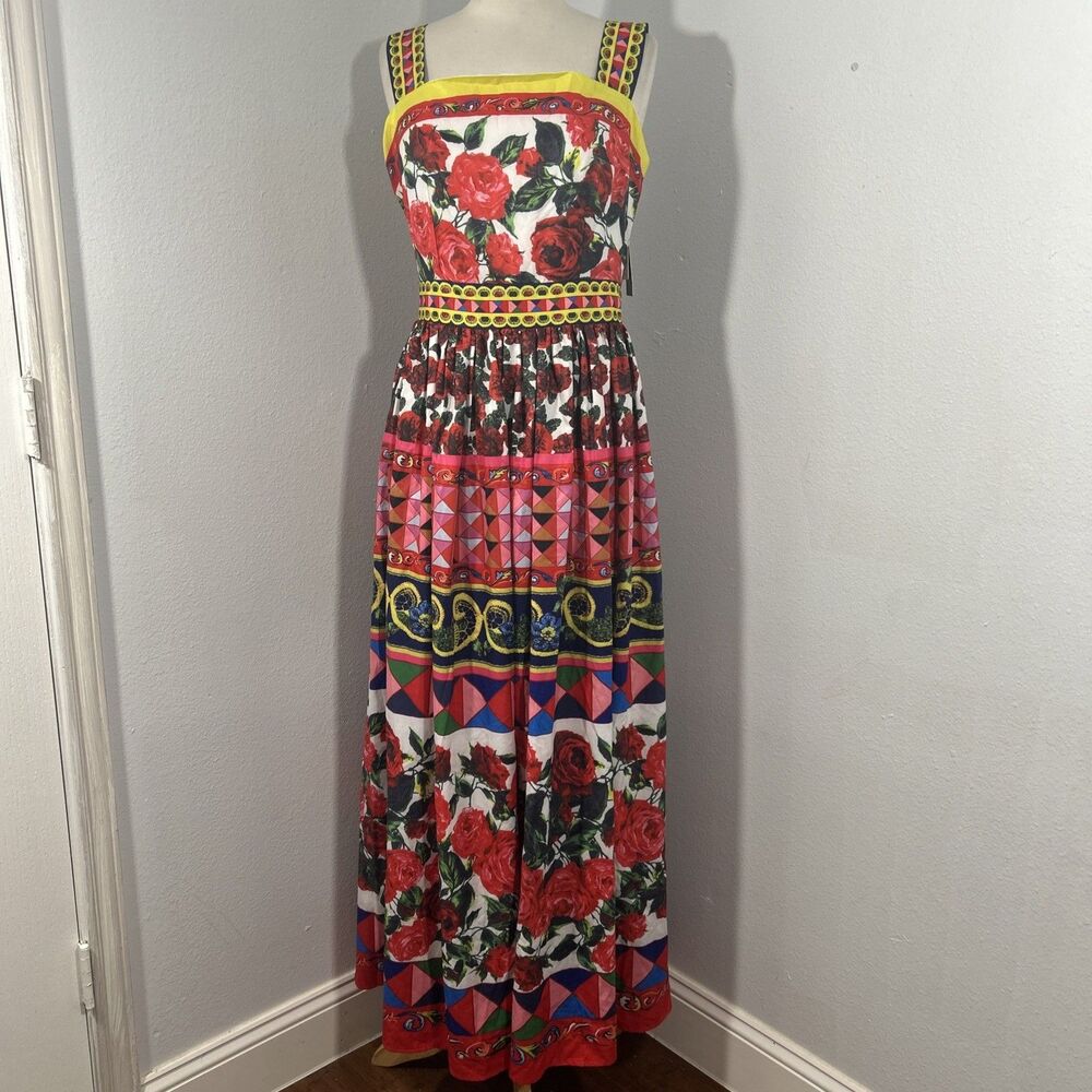 Lai Meng Five Cats Maxi Dress Womens Large Red Abstract Beach Sleeveless‎